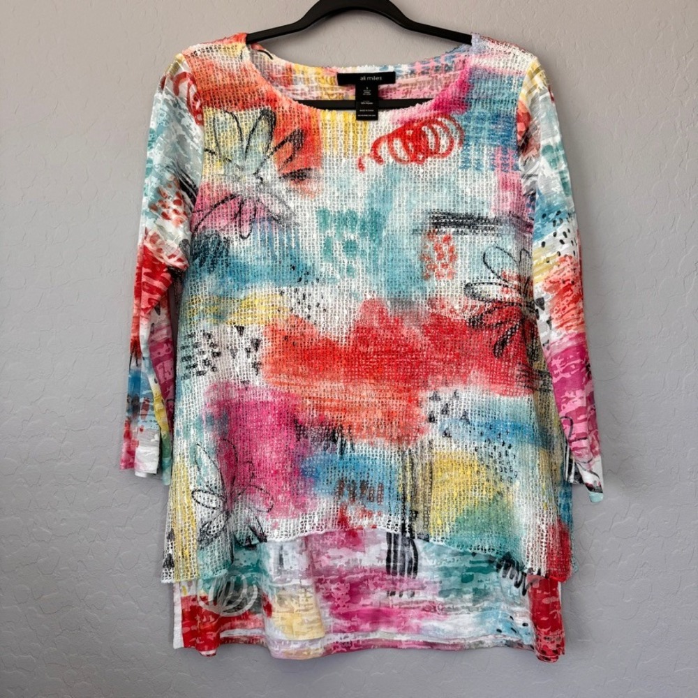 Ali Miles Small Tunic Multi-Color 3/4 Sleeve Abstract Mesh Layered Art Top